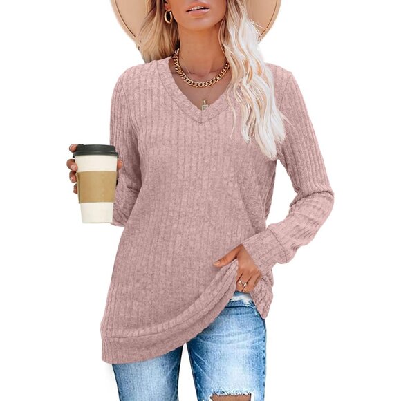 V Neck Long Sleeve Women's Sweater Lightweight Fall Tunic Casual Top - Picture 3 of 5